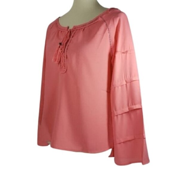 ☀ Mocha Long Sleeve Lace Up Neck Blouse Sz Medium - Picture 3 of 7